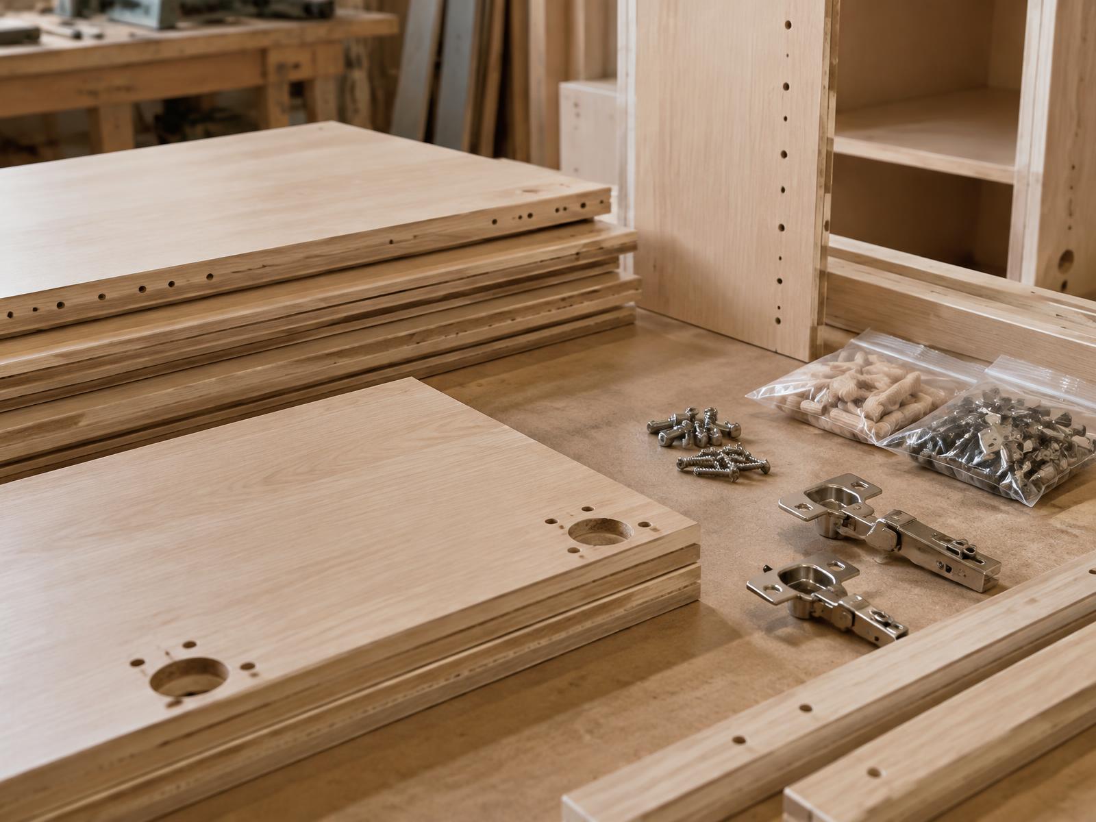 Flat-pack cabinet parts and hardware prepared as a coordinated set