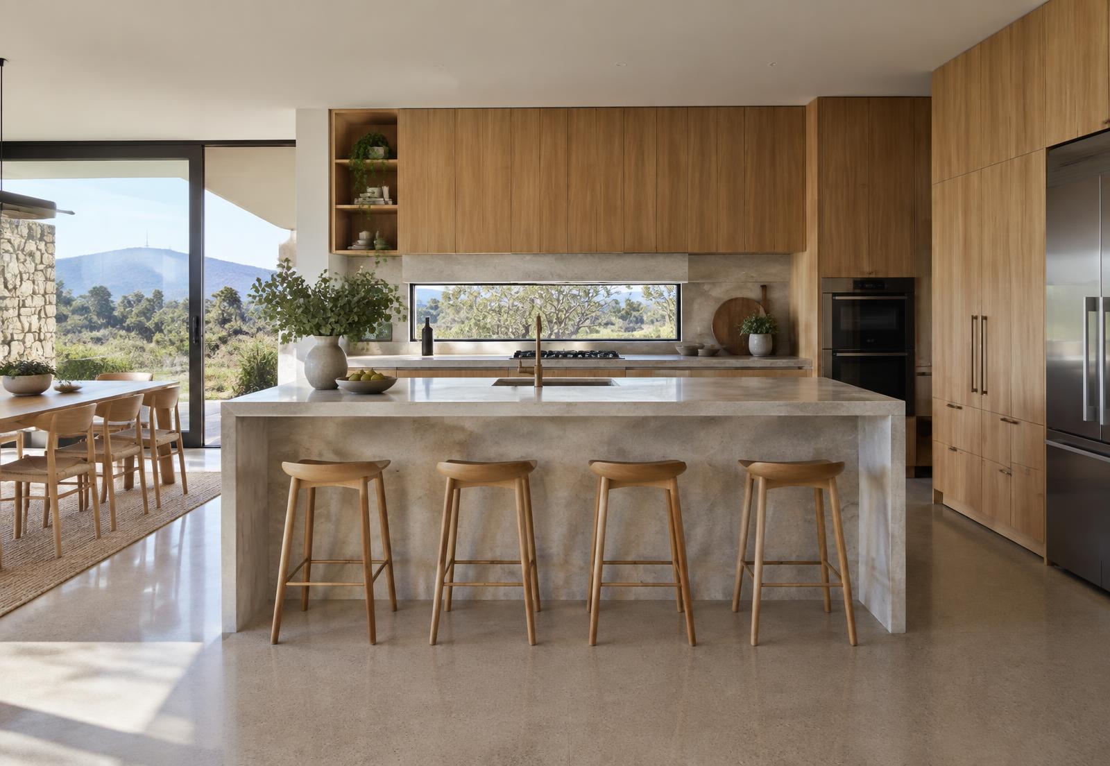 Open-plan custom kitchen with generous circulation around a stone island