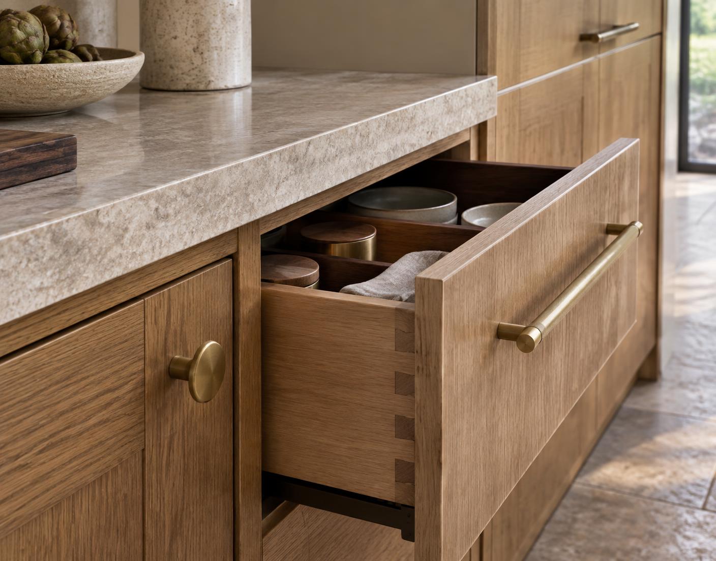 Custom oak kitchen joinery detail with stone benchtop