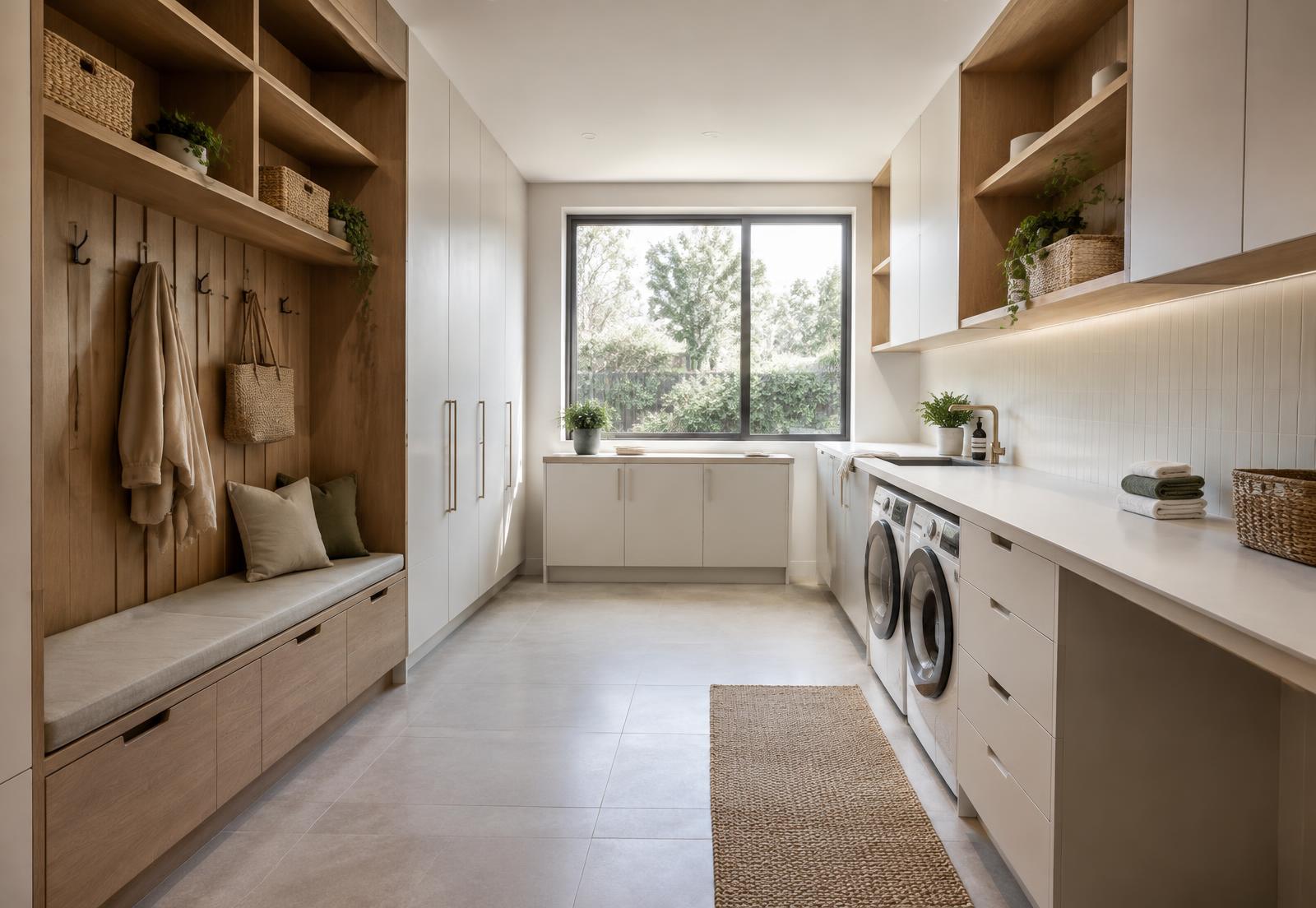 Custom family laundry cabinetry with practical storage and bench space