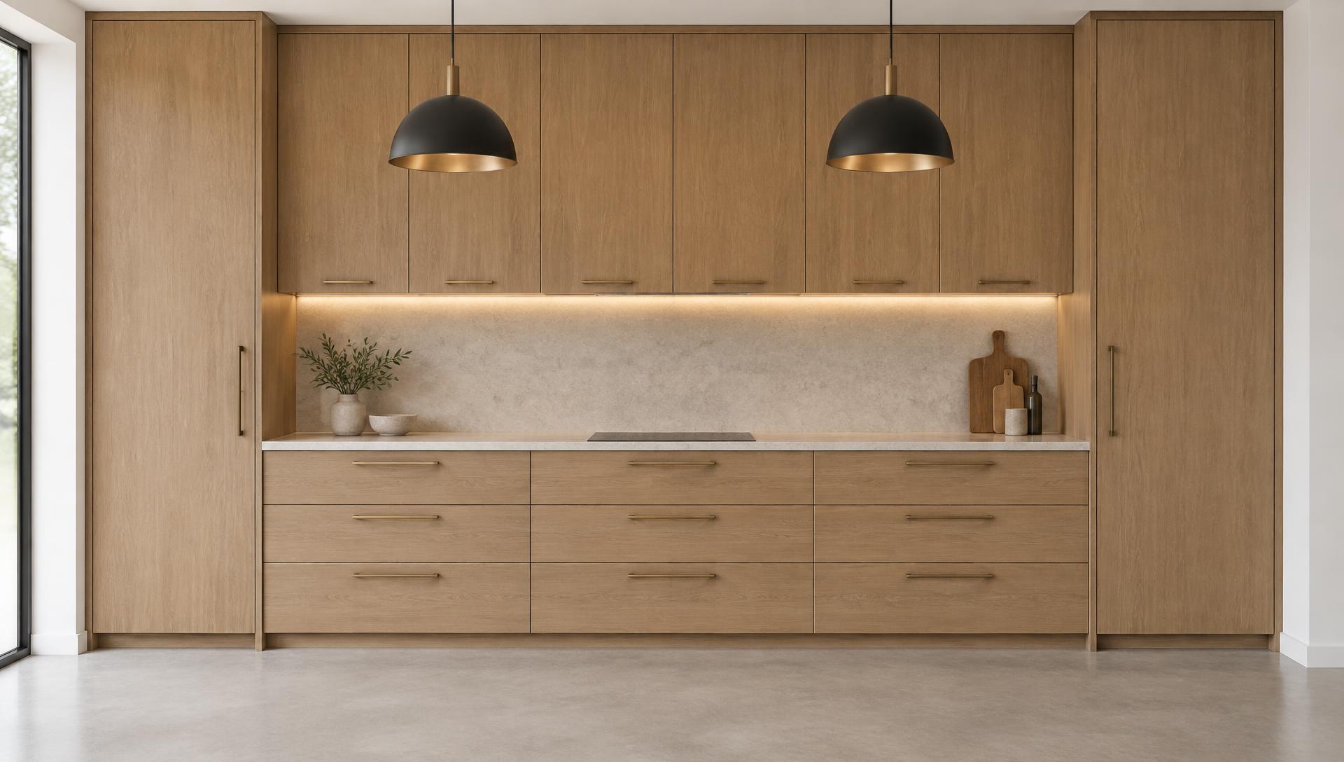 Finished oak kitchen wall with stone benchtop, under-cabinet lighting and pendant lights