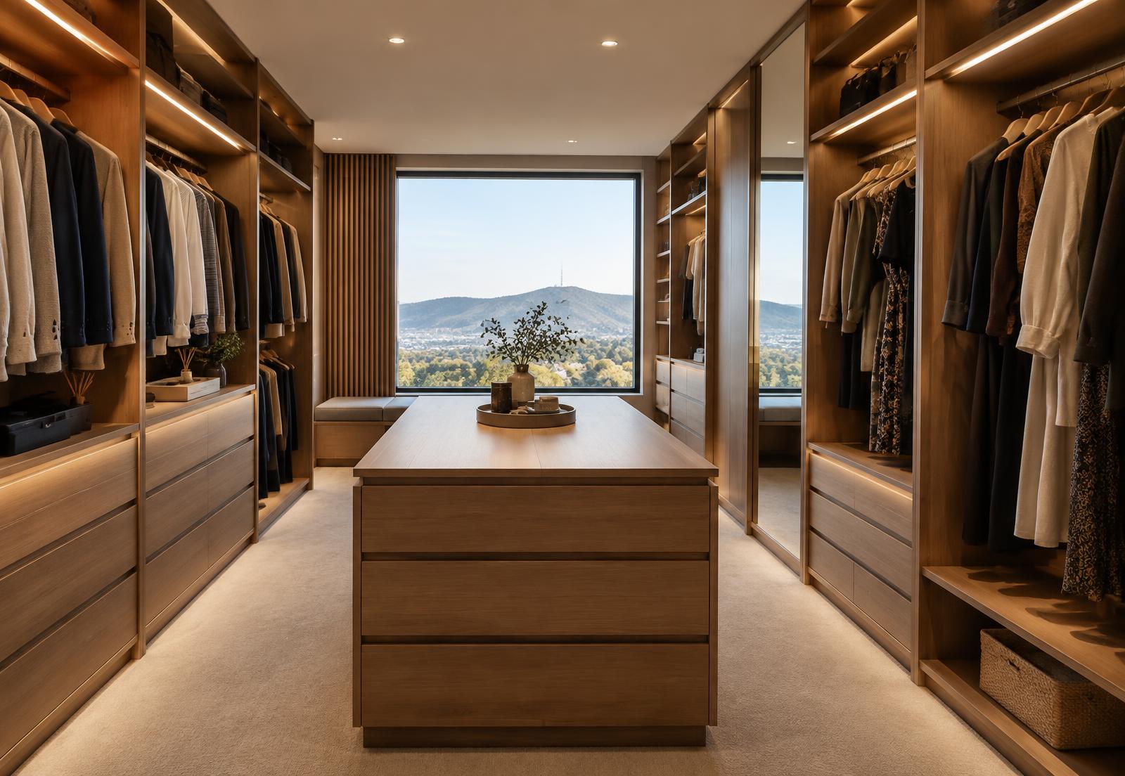 Custom walk-in robe with integrated lighting, drawers and open hanging bays